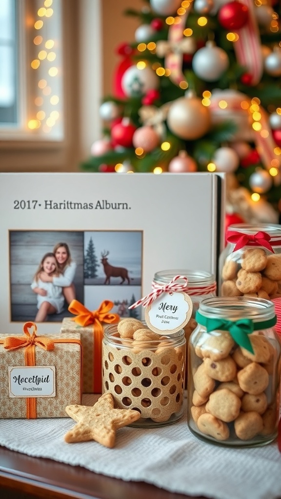 Handmade Christmas Gift Ideas for Families A collection of handmade Christmas gifts including a photo album, ornaments, and baked goods, set against a festive holiday backdrop.